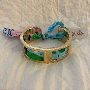 NEW Lilly Pulitzer Lydia The Lion Silk Cuff Bracelet Gold Tone Adjustable Floral
